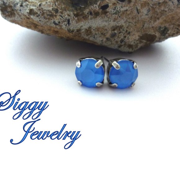 Summer Blue 8mm Crystal Stud Post Earrings, Assorted Finishes, Gift Packaged - Picture 4 of 6